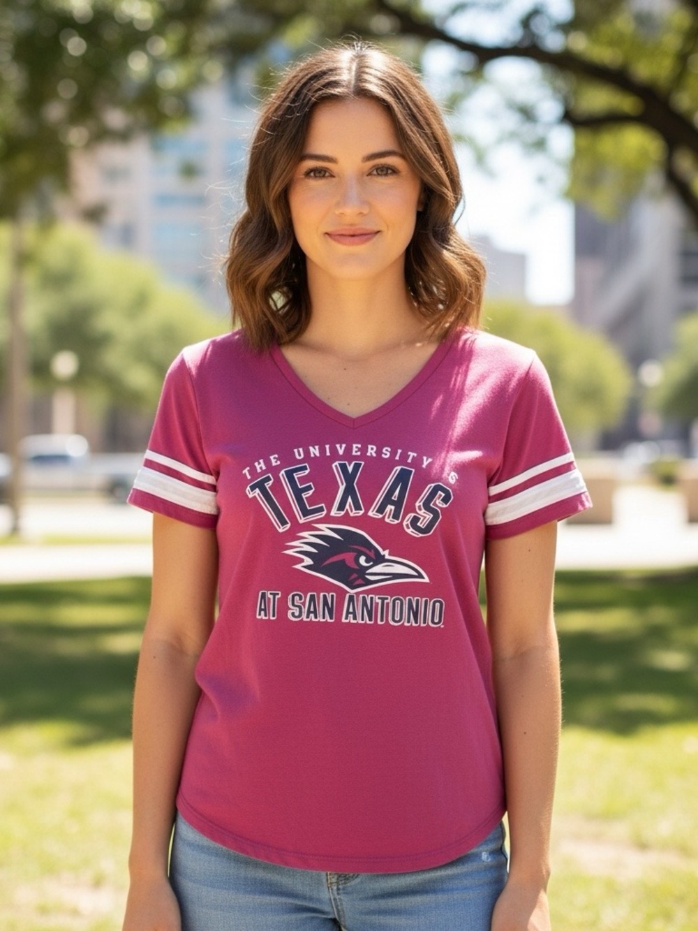 Champion UTSA Tshirt soccer style Tee Size large cotton pink white stripe V neck